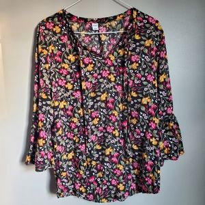 Old Navy Black Floral Tie Neck Bell Sleeve Top Blouse Small